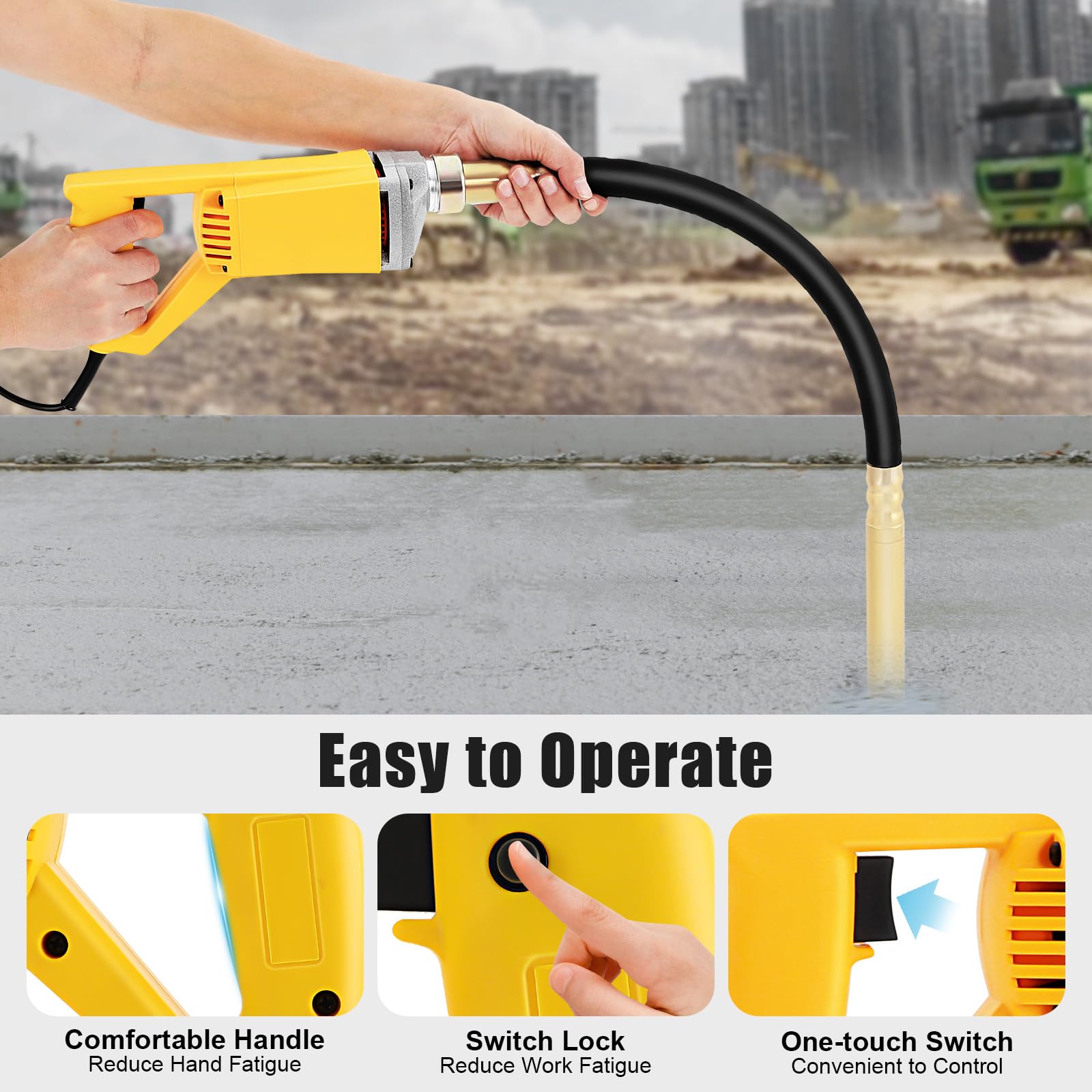 vibratore elettrico per calcestruzzo, 1300 W, con tubo da 2 m, 4500 – 5600 giri/min, per una rapida compattazione del calcestruzzo bagnato, ideale per strade, tunnel case, ponti e cantieri