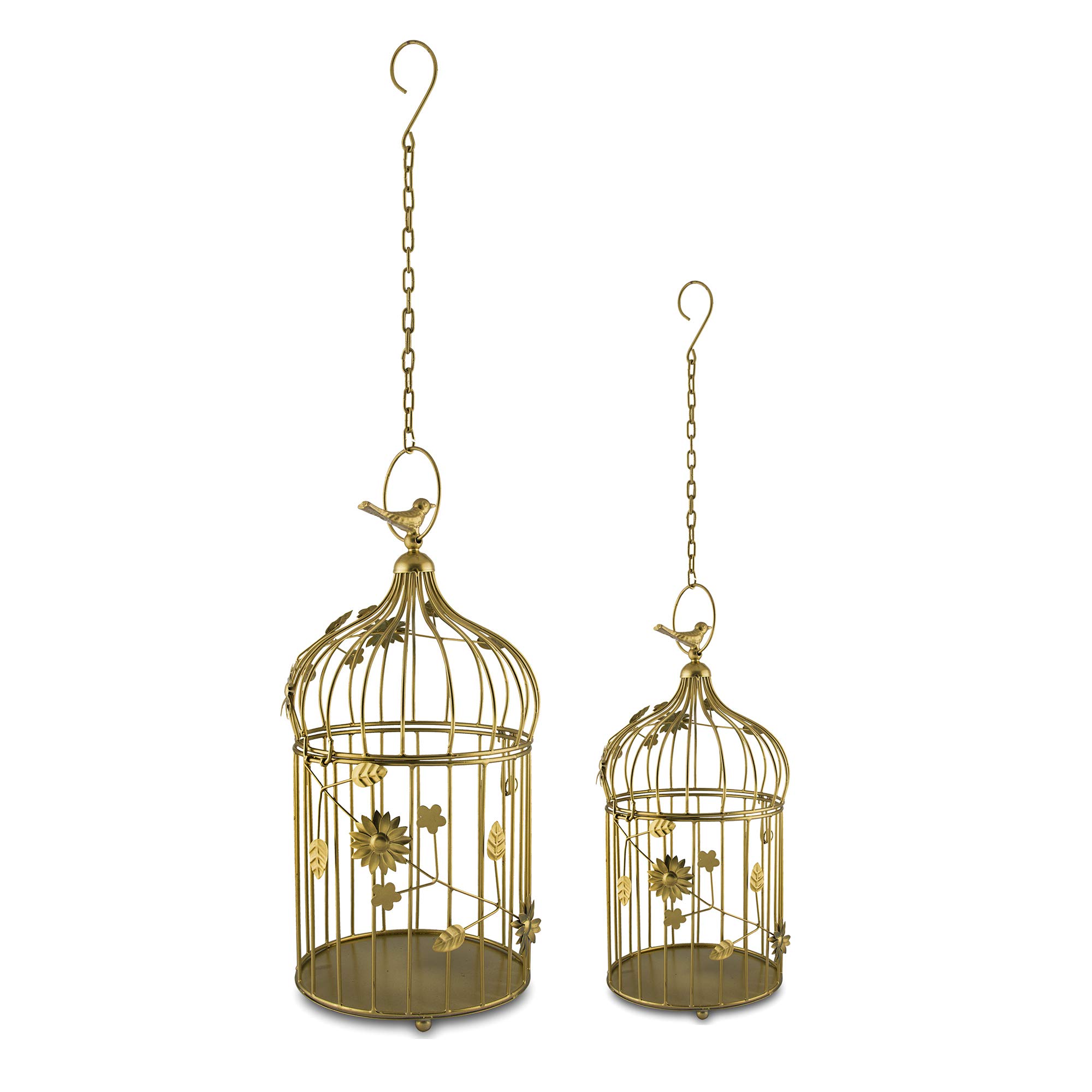 Homesake Metal Golden Hanging Candle Cage With Floral Vine (Set Of 2), With Chain, Decorative Tealight Candle Holder