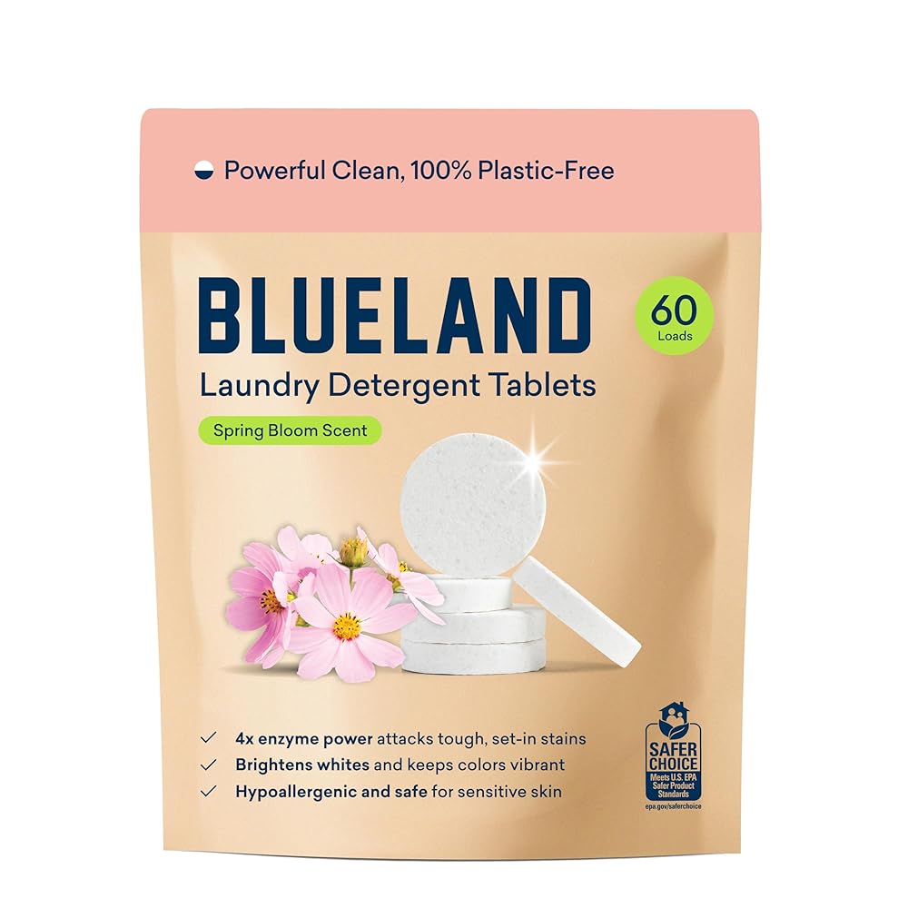 BLUELAND Laundry Detergent Tablets, 60 Count, Spring Bloom Scent, Plastic-Free Eco-Friendly Pods, Sheets, Liquid Alternative - Safe for Sensitive Skin, Gentle