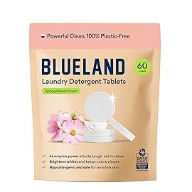 BLUELAND Laundry Detergent Tablets, 60 Count, Spring Bloom Scent, Plastic-Free Eco-Friendly Pods, Sheets, Liquid Alternative - Safe for Sensitive Skin, Gentle