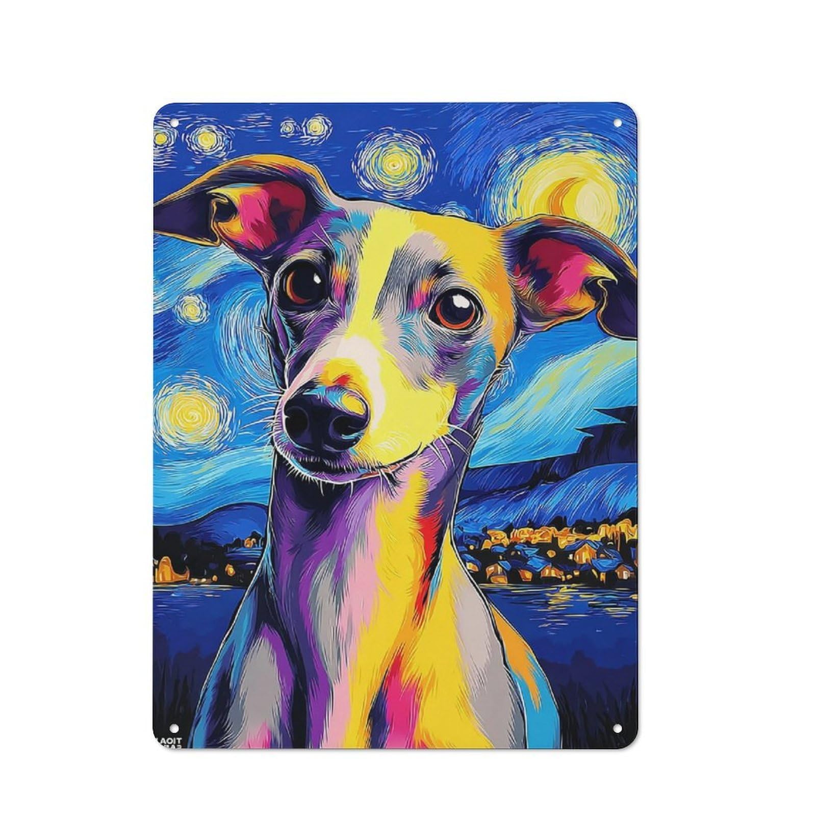 Junmoney Starry Night Whippet A Colorful Tribute Rustic Metal Wall Sign 40X30cm Featuring For Pub Or Café, For Vintage Wall Decor Fans, For Metal Sign Collectors