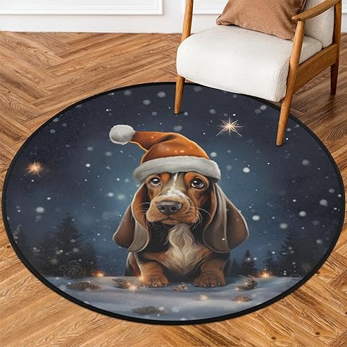 Cute Dog in Christmas Hat Round Area Rug 3ft Machine Washable Circular Rugs for Dining Room Table Bedroom Playroom Throw Rugs for Dog Living Room
