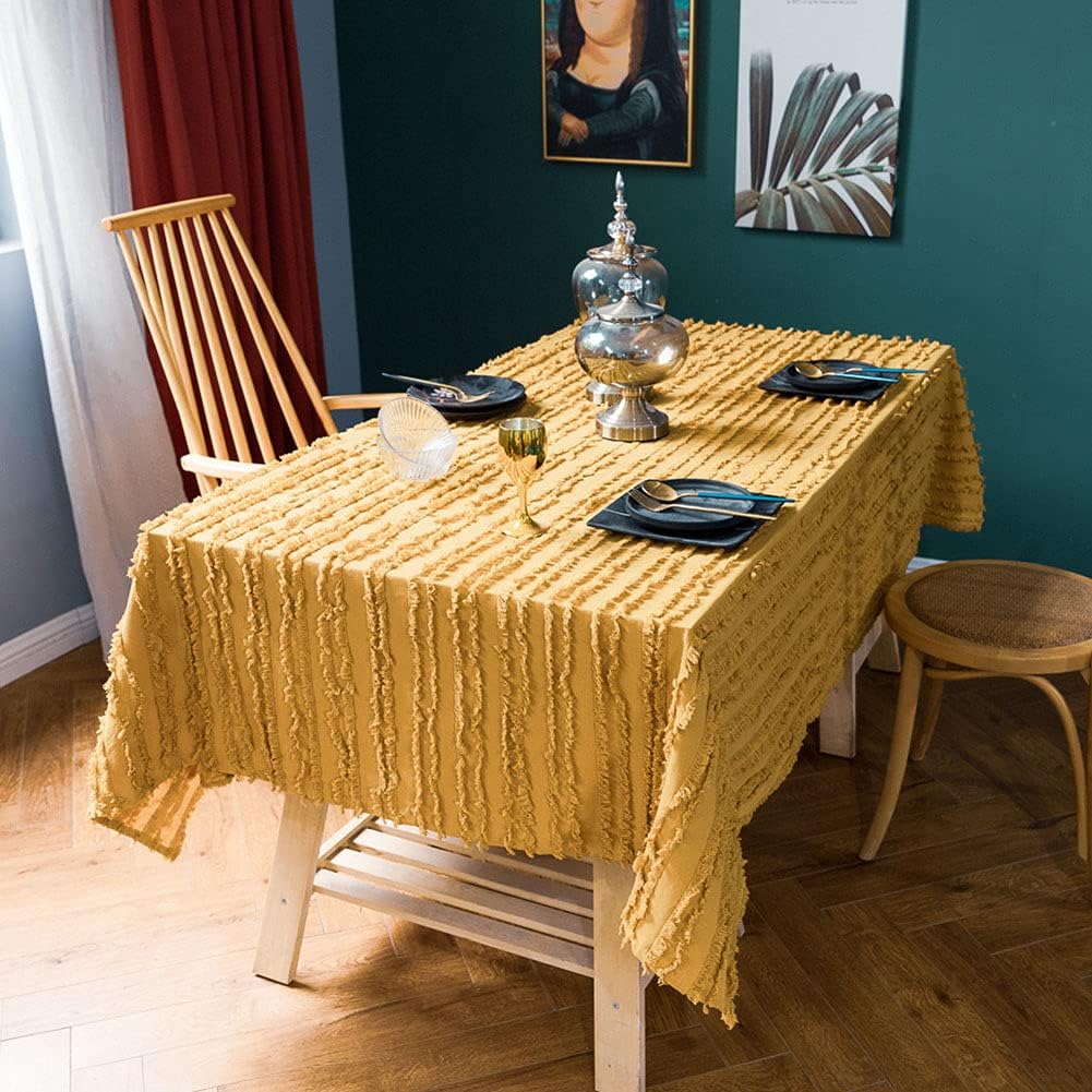 vctops Boho Cotton Linen Tablecloth Striped Jacquard Pattern Table Cover for Kitchen Dinning Farmhouse Tabletop Decoration (Mustard Yellow, 59"x79") : Home & Kitchen