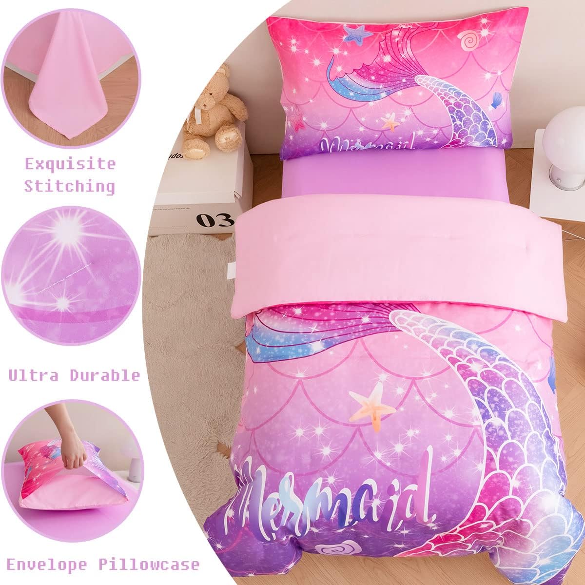 ZRNBAST 4 Pcs Toddler Bedding Set for Girls Mermaid Print Toddler Comforter Set Pink Purple Gradient Glitter Bedding Set with Sheets for Kids, Shell Starfish Print Bedding, Purple Fish Scale
