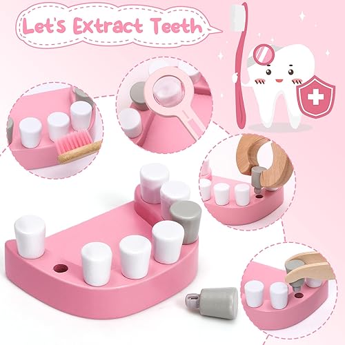 Miniatura 5 de Atoylink Kit médico para niños pequeños, juego de juguetes de simulación de dentista, 32 piezas de madera con disfraz y bolsa, dientes de simulación