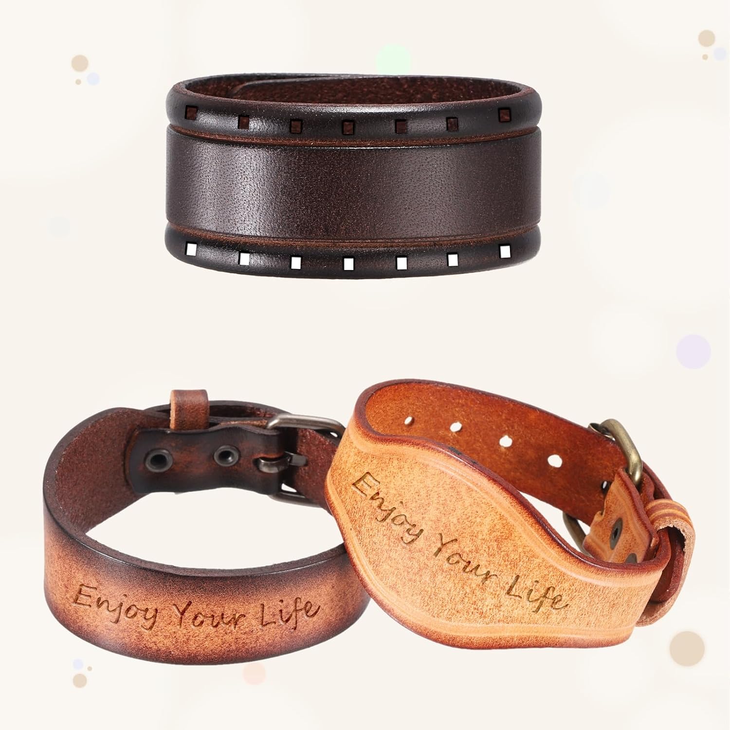 MECCANIXITY 2Pcs Plain Leather Bracelets Buckle Bangle, Brown Black Punk Leather Snap Bracelets Adjustable Blank Wrist Cuffs DIY Craft Wristbands for Men Women Stamping Jewelry Making