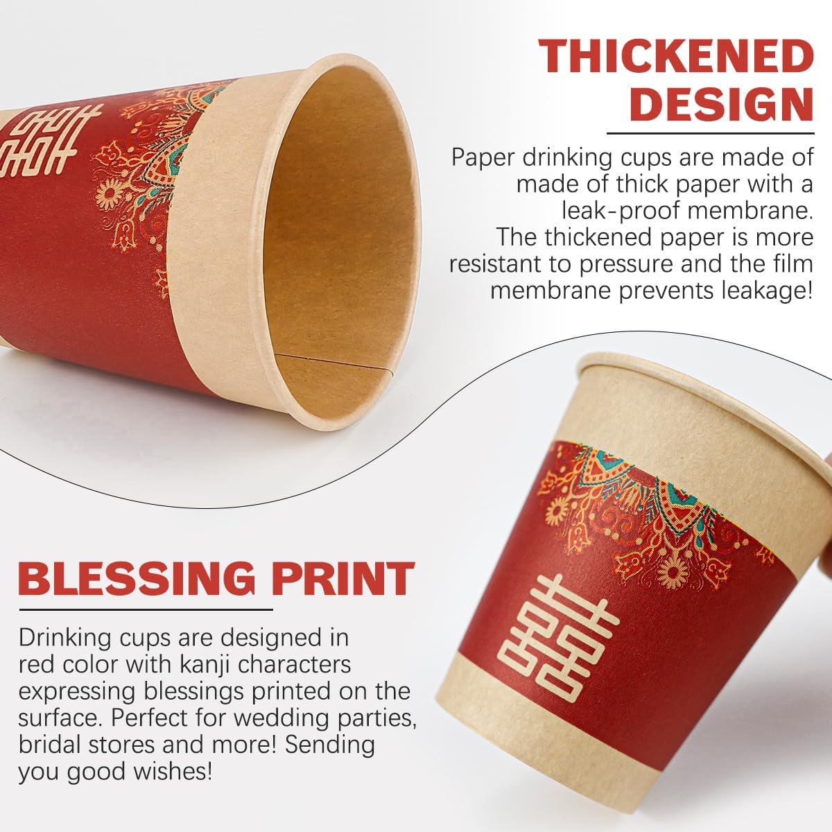 DOERDO 50Pcs Disposable Paper Cups Coffee Cups Hot Cold Tea Cups Beverage Drinking Paper Cups for Chinese Style Wedding Party Supplies - Image 4