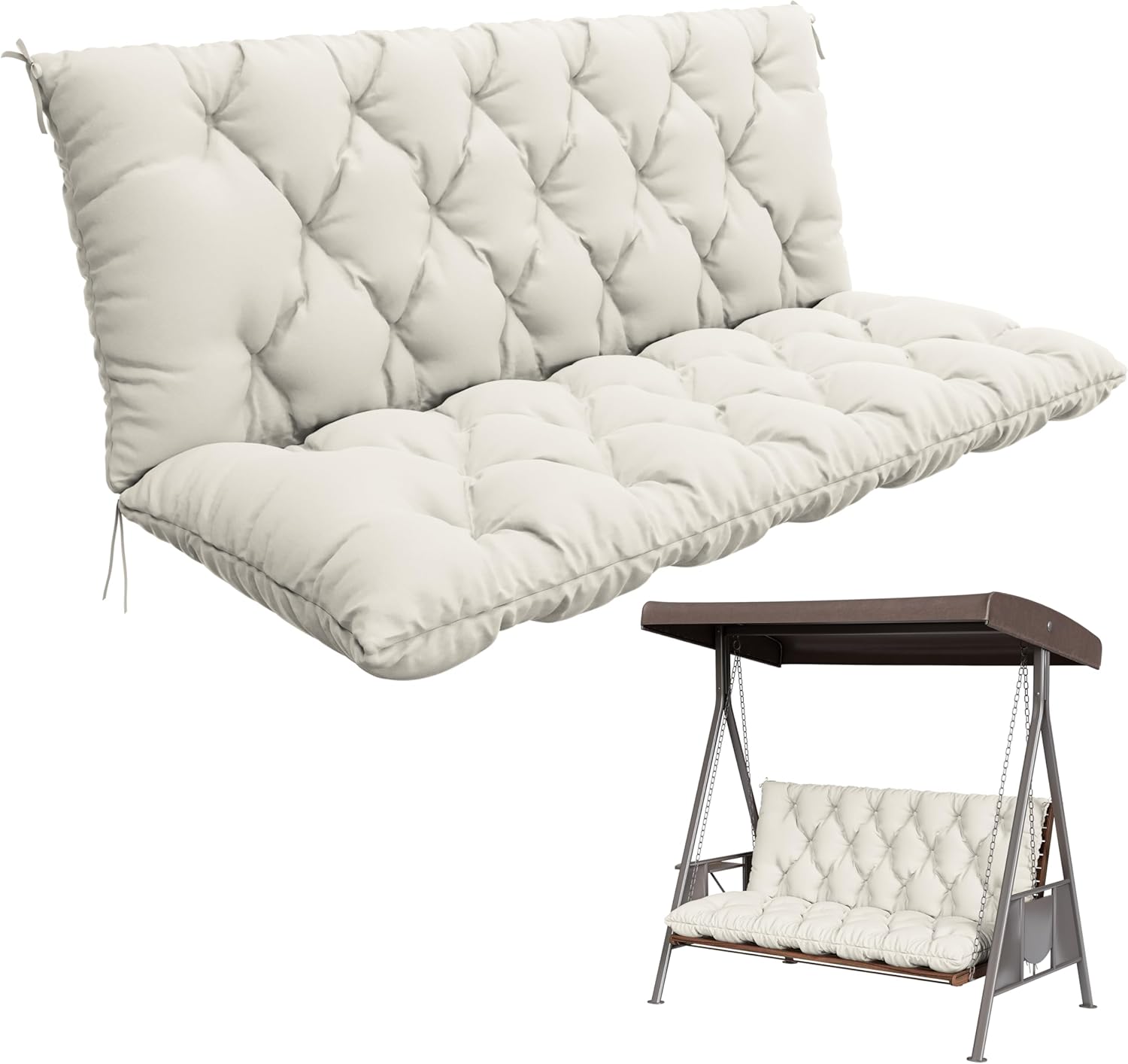 Porch Swing Cushion with Backrest,Waterproof Bench Cushion for Outdoor Furniture,2-3 Seater Replacement Thickened 5 in swing cushion,with Ties,Patio,Outdoor,Backyard and Cream (Cream,60x40 in)