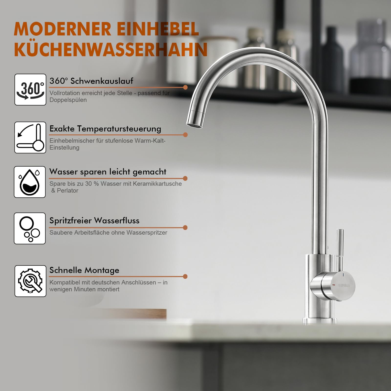 GRIFEMA G4008 Kitchen Sink Taps Mixer with Single Lever High Arc 360°Swivel, Stainless Steel Kitchen Mixer Taps 1 hole with Chrome Finish, Classic Design[Energy Class A+]