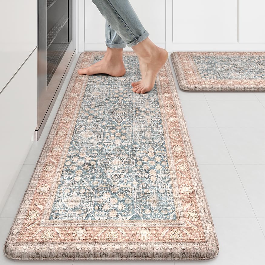 FRESHMINT 2 Piece Set Boho Kitchen Mats for Floor Bohemian Distressed Anti Fatigue