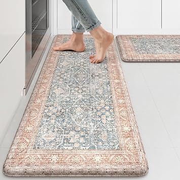 KIMODE Anti Fatigue Kitchen Mat,Farmhouse Kitchen Rug Sets of 2 Orange Blue