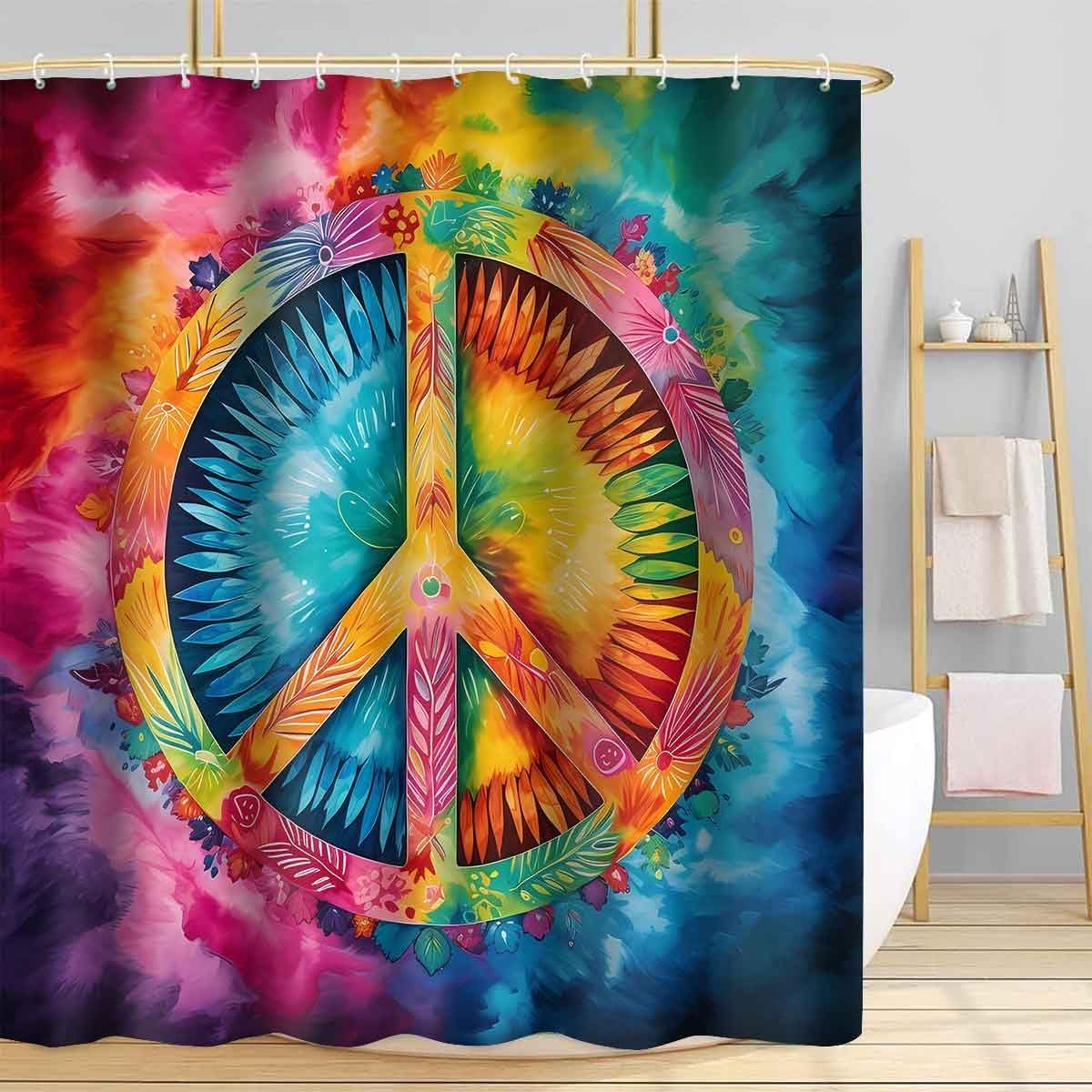 Peace Symbol Shower Curtain, 72x72 inch Polyester, Colorful Watercolor Tie Dye Hippie Peace Sign Bathroom Shower Curtains Decor Set with 12 Hooks YLDWTP0588