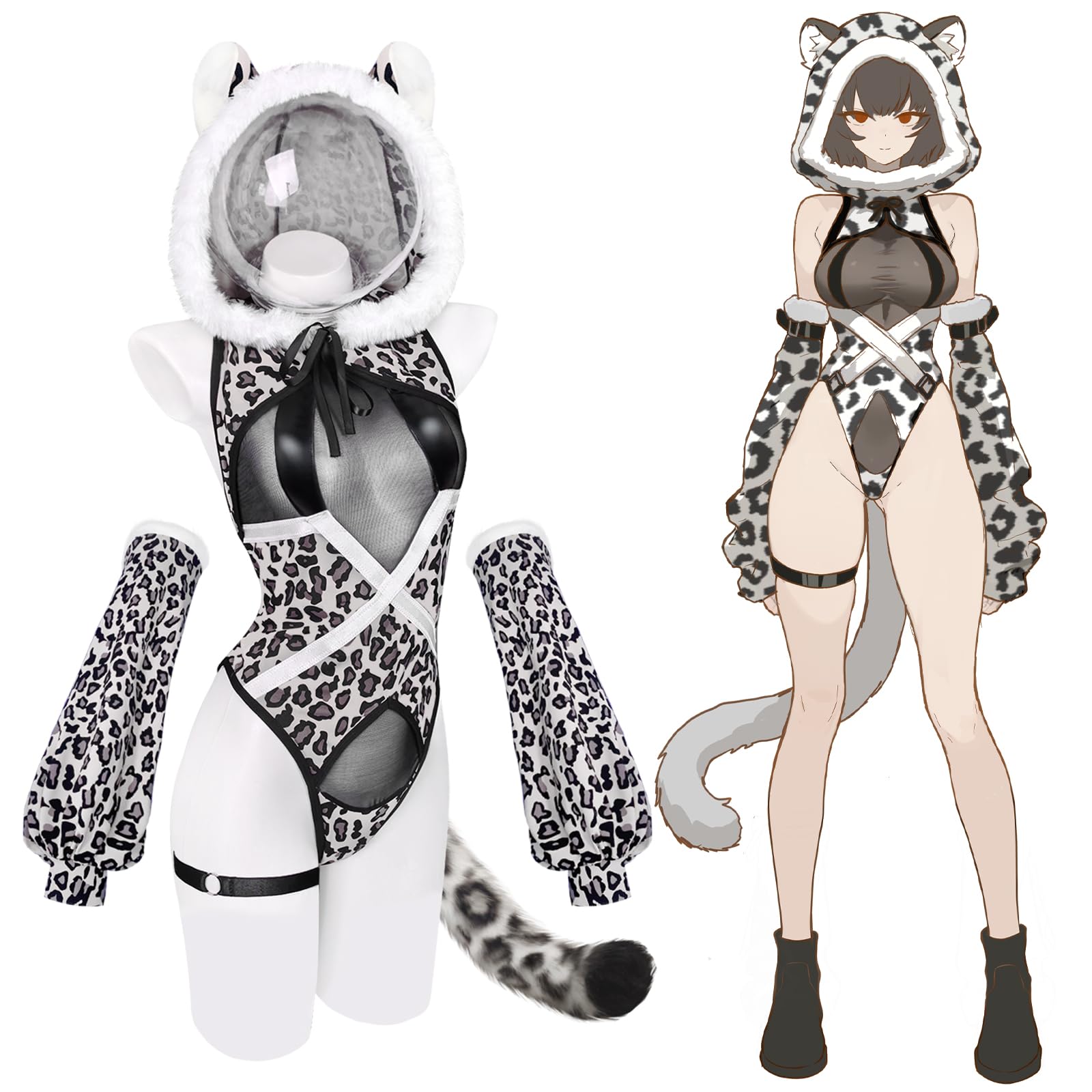 KORURACLUB Leopard Cosplay Costume Animal Print Knitted Bodysuit Sexy Anime Outfit with Hood Lingerie Set for Women(Gray L-XL)
