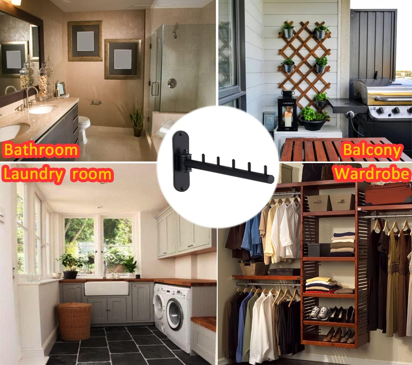 Stainless Steel Swing Arm Hanger, Folding Wall Mounted Clothes Hanger for Laundry Room, Space Saving Clothes Hooks Holder for Drying Rack, 2 Pack (Black)