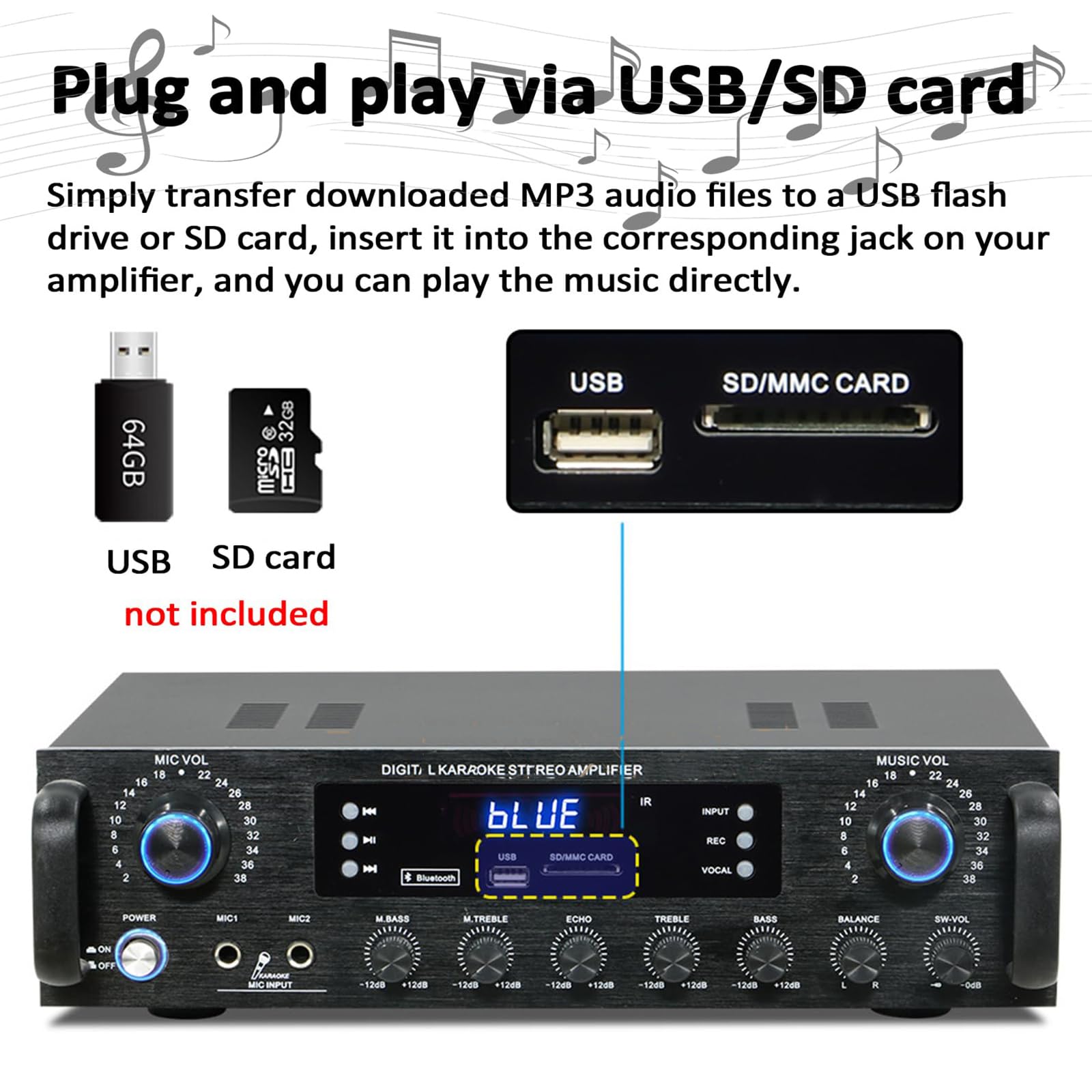 Amplificador De Audio Estéreo HiFi De 5.1 Canales, Amplificador Estéreo Doméstico Bluetooth 5.0, Entrada para Cables USB/RCA/óptica/coaxial, Doble Entrada para Micrófono, Reverberación