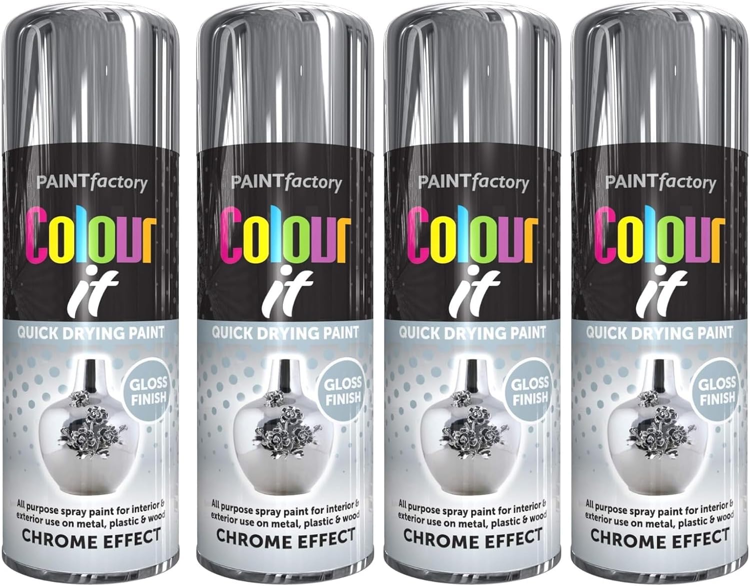 MIXEL Chrome Effect Gloss Spray Paint, Quick Drying Formula, DIY Projects, Ideal For Enhancing Metal, Wood, Plastic, Glass, Perfect For Crafting, Automotive, 400ml, (4 Pcs)