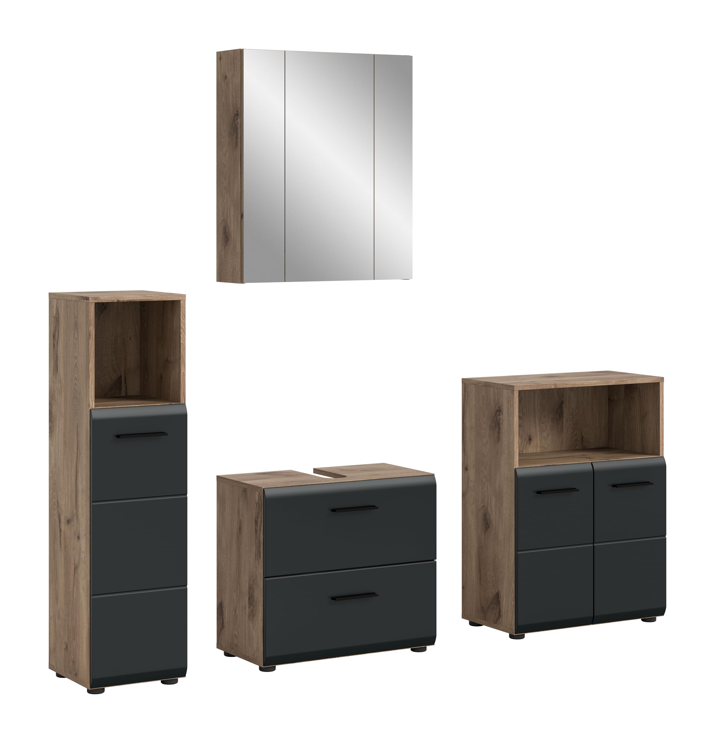 xonox.home – 4 TLG. Badkombination Ice 180x185x30 cm in Korpus Nox Oak Nachbildung und Front schwarz matt – Moderne Badezimmermöbel Kombination – stilvoll, kompakt & vielseitig einsetzbar