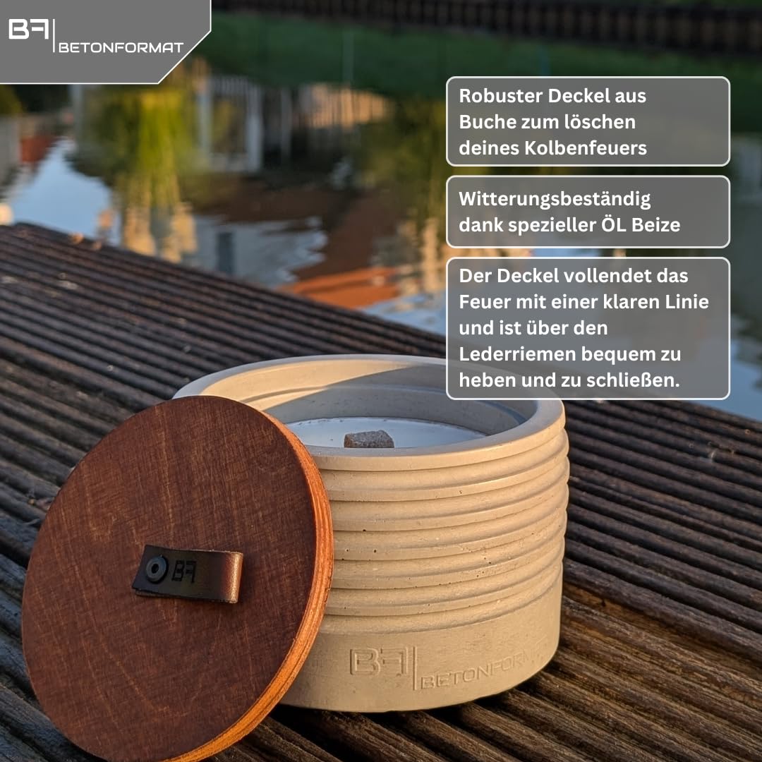 Kolbenfeuer | Wachsfresser | Outdoor Kerzenfresser 14cm aus Beton Hellgrau | Tischfeuer mit Dauerdocht | Kerzenwachs recyceln | handgefertigt | Lagerfeuer für Garten & Terrasse