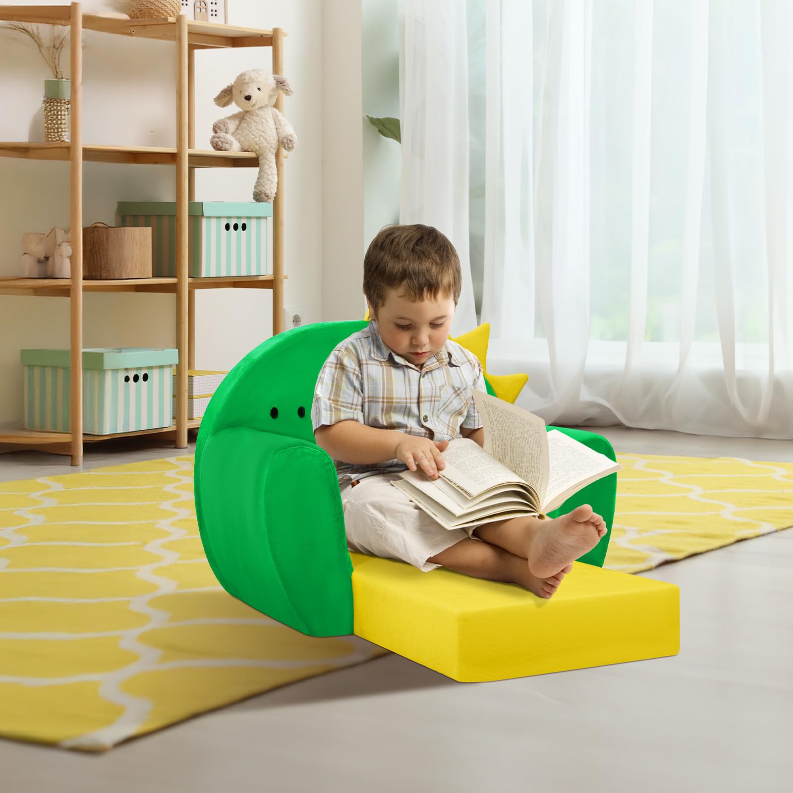 Poltroncina per Bambini 2-in-1,Cartoon Comodi Sedia Bambini,Morbido Letto Bambina per Soggiorno, Sala Giochi,Dinosauro Verde