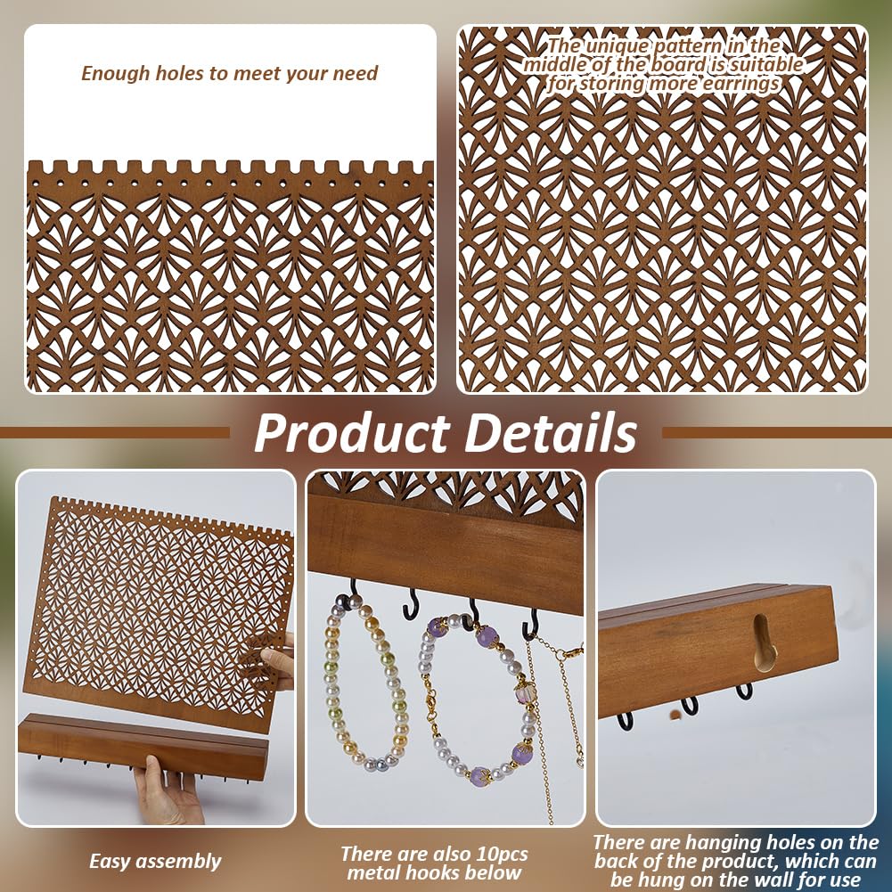 FINGERINSPIRE Porte-Bijoux Mural en Bois Marron avec Crochets pour Boucles D'Oreilles, Bracelets, Colliers