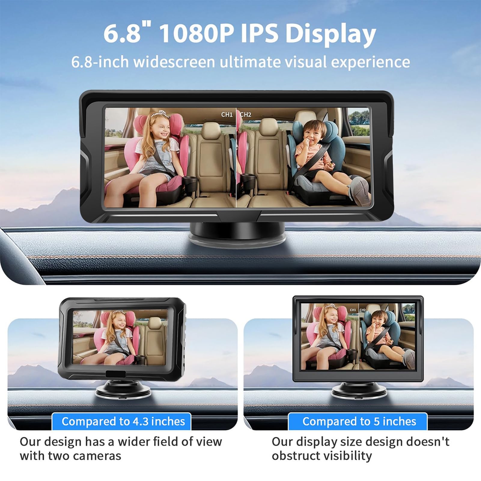 Shkalacar Cámara para Bebé para Coche con Canal Doble, 6,8 Pulgadas y 1080P, con 2 Cámaras de Visión Nocturna por Infrarrojos y ángulo de Visión Amplio de 150° para Asiento Orientado hacia Atrás