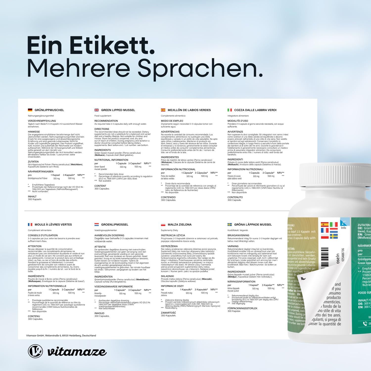 Vitamaze Grünlippmuschel Kapseln hochdosiert 1500 mg Grünlippmuschel Pulver aus Neuseeland pro Tagesdosis, 300 Kapseln. Natürliche Nahrungsergänzung ohne Zusätze, Made in Germany.