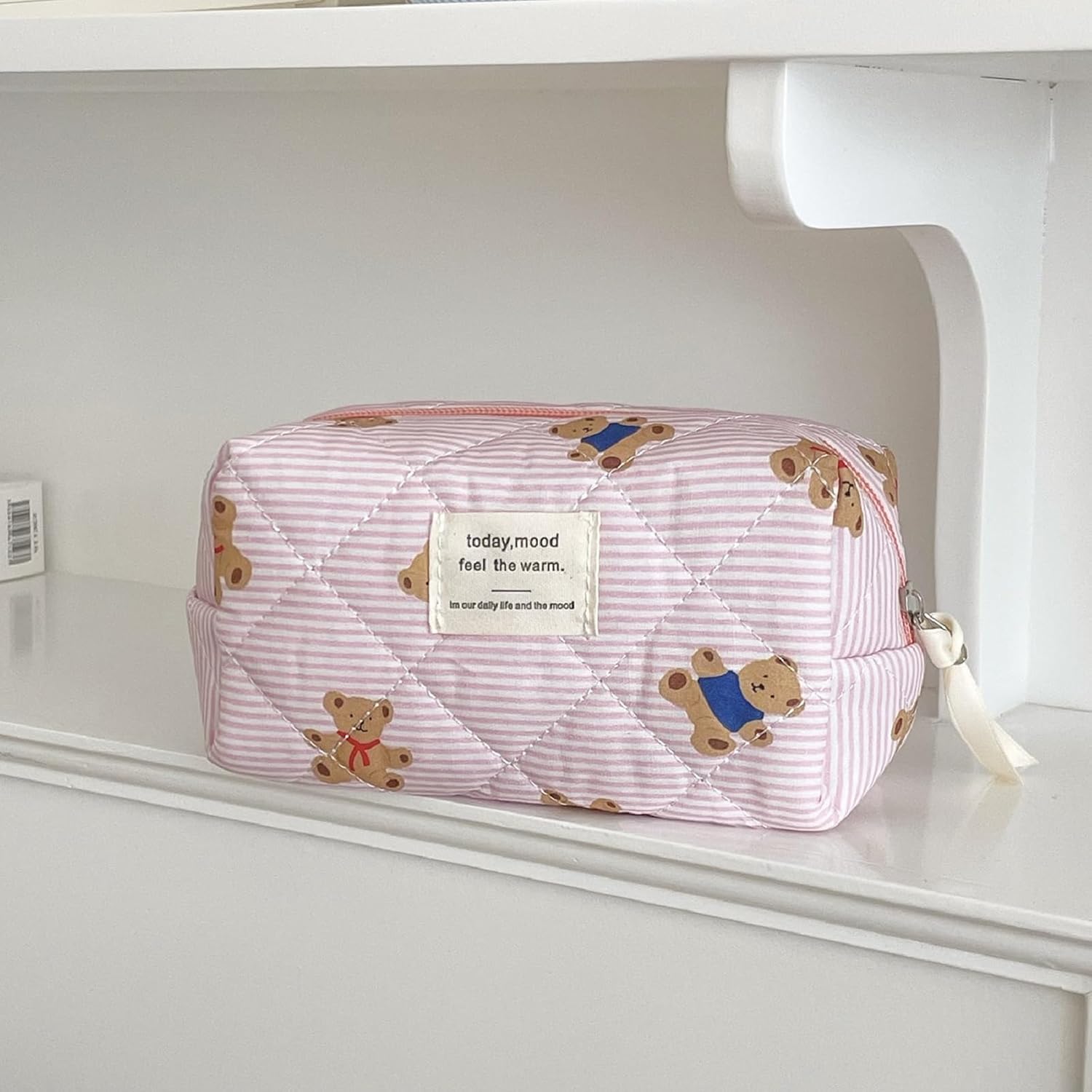 Make Up Bag Set of 3 Quilted Make Up Bags for women Cute Cotton Cosmetic Bag Pink Striped Bear Make Up Pouch Large Travel Toiletry Bag For Women (A)