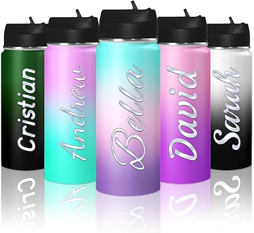 Botella de agua aislada personalizada con asa y tapa de popote para niños, botellas de agua deportivas de acero inoxidable personalizadas de 18