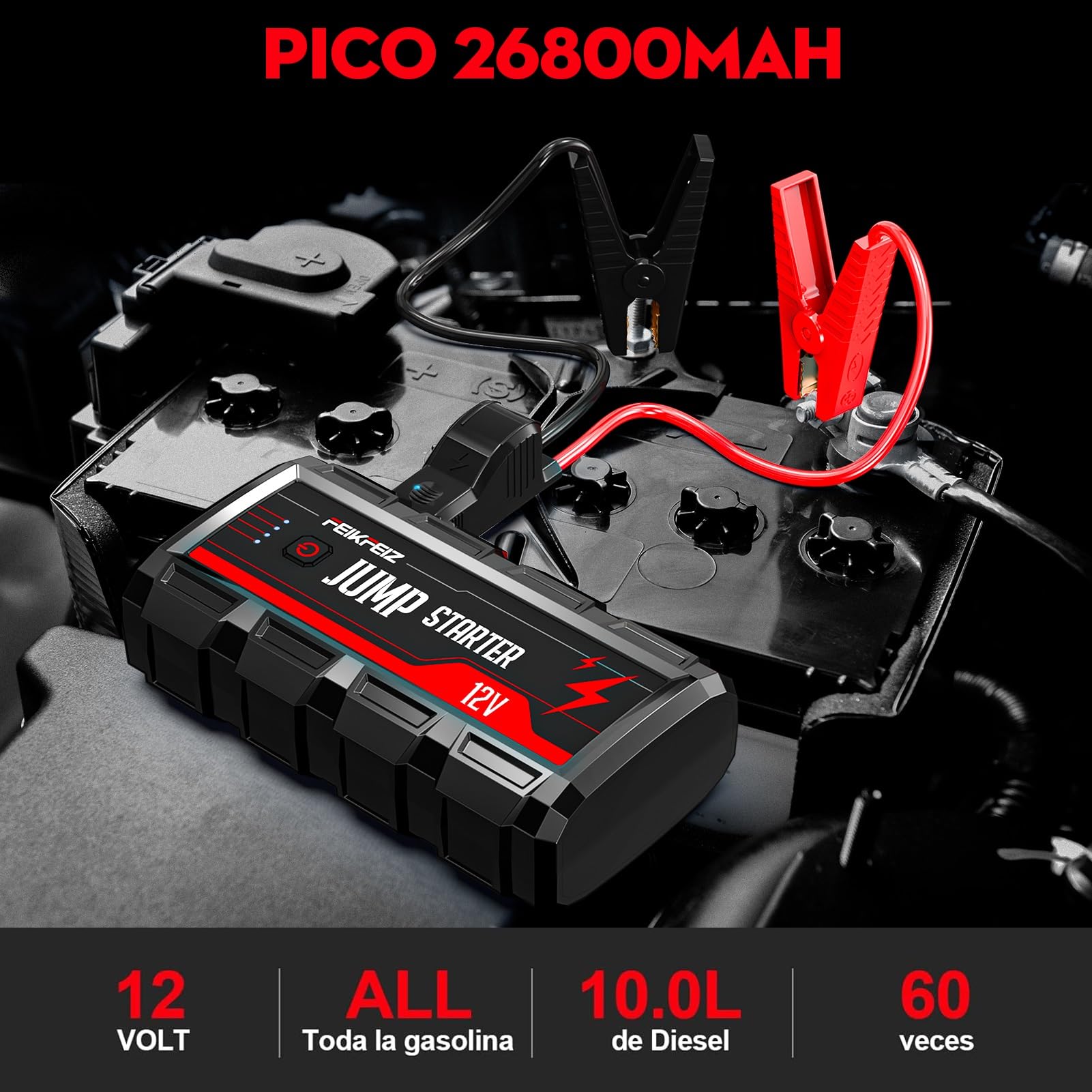 FEIKFEIZ Arrancador de Coches, 6000A Arrancador Batería Coche (para Todo vehículo de Gasolina o 10,0L Diesel),Booster Bateria, Carga Rápida QC3.0,con Linterna LED.