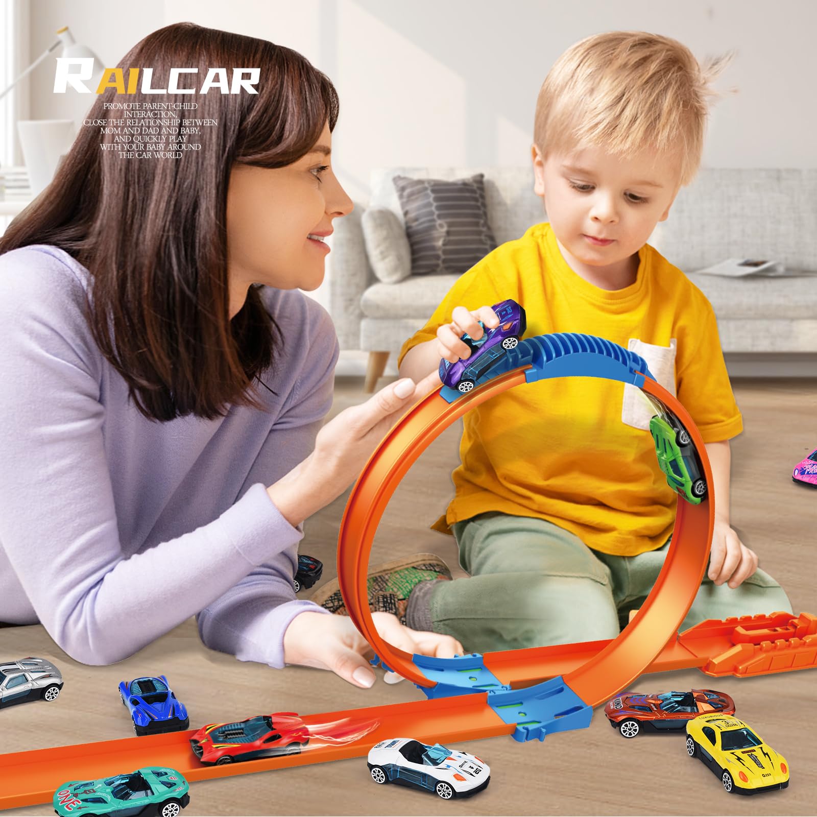 STSGPUZ Racing Car Loop Track City Transforming Toy Set with 20 Mini Metal Cars Ramp Gifts for Kids Toddlers Boys 3-5 Year Old,Indoor Game Toy