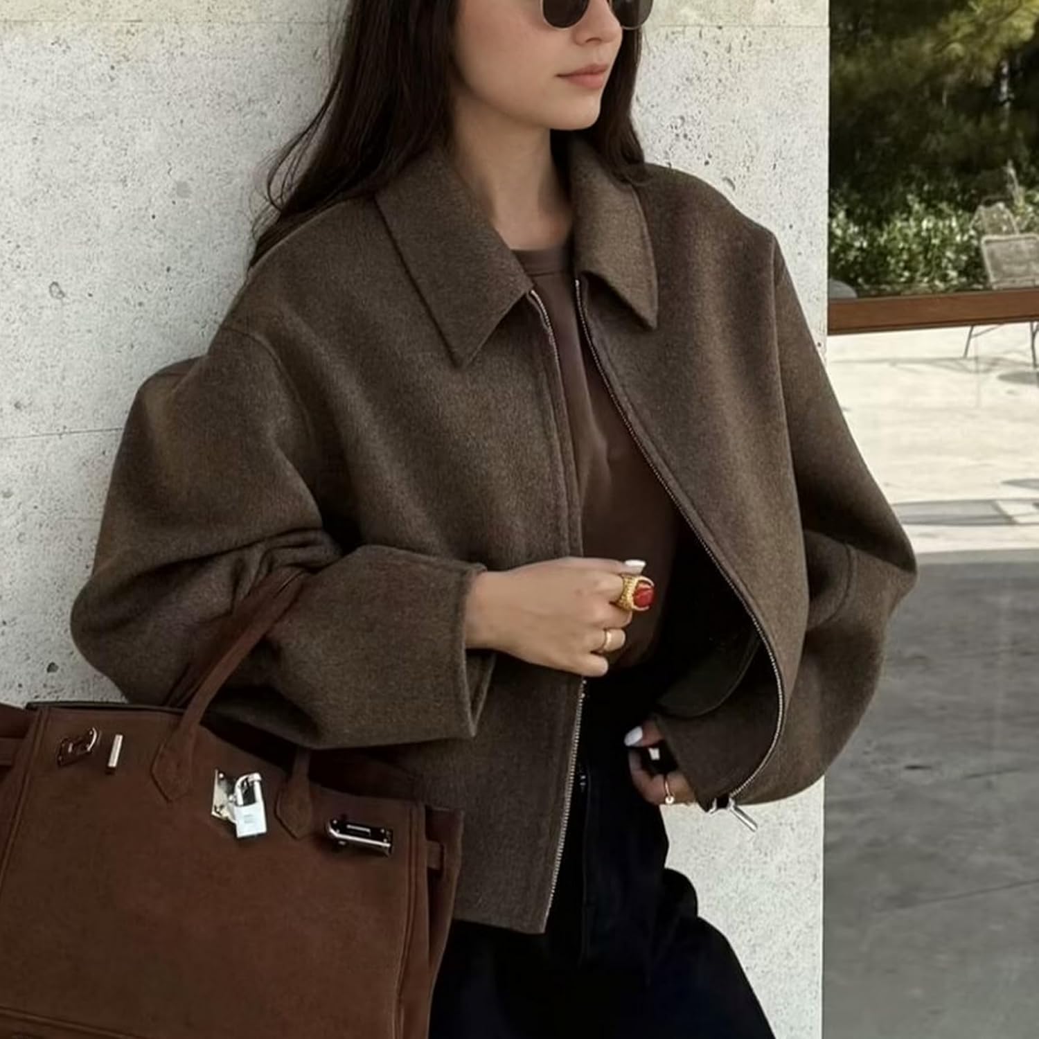 Women Bomber Jacket Casual Lapel Long Sleeve Zip Up Cropped Coats Trendy Lightweight Outwear Fall Winter Streetwear