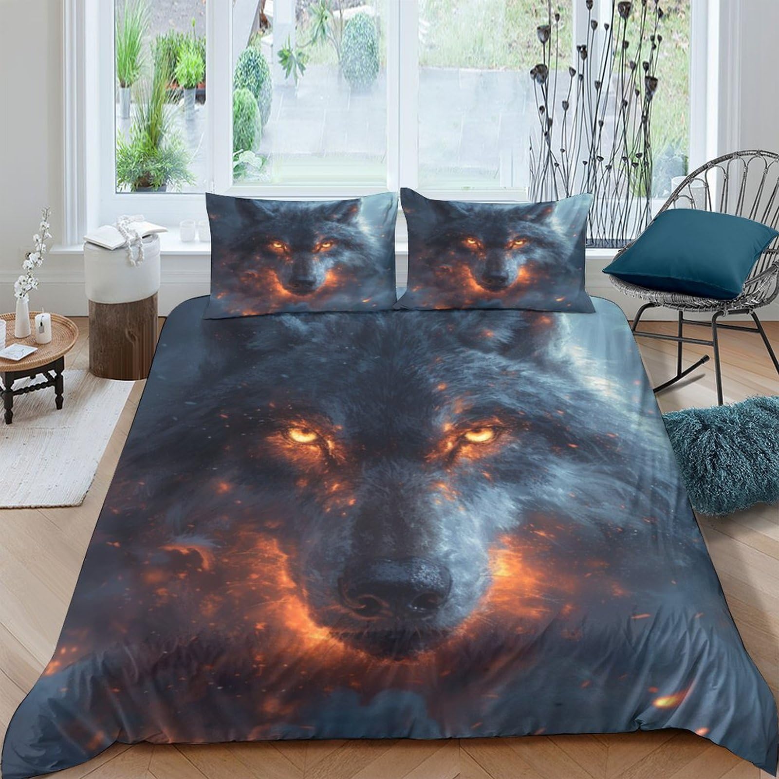 Parure de lit loup housse couette 200x200 microfibre zip