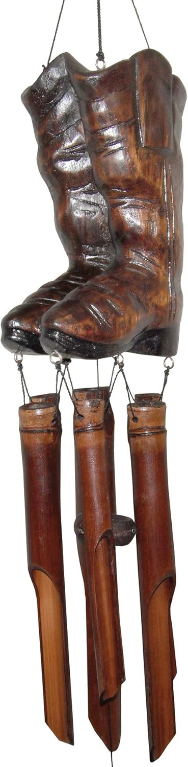 Cohasset Gifts 169 Cohasset Cowboy Boots Bamboo Wind Chime, Hand Carved Brown Mahogany Finish