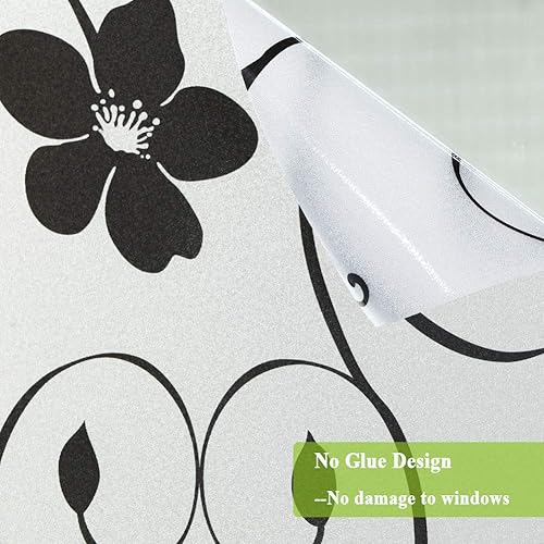 Miniatura 7 de Película decorativa para ventana, película de privacidad de flores negras, no adhesiva, control de calor, anti UV, para oficina y hogar, 35 x 78.7