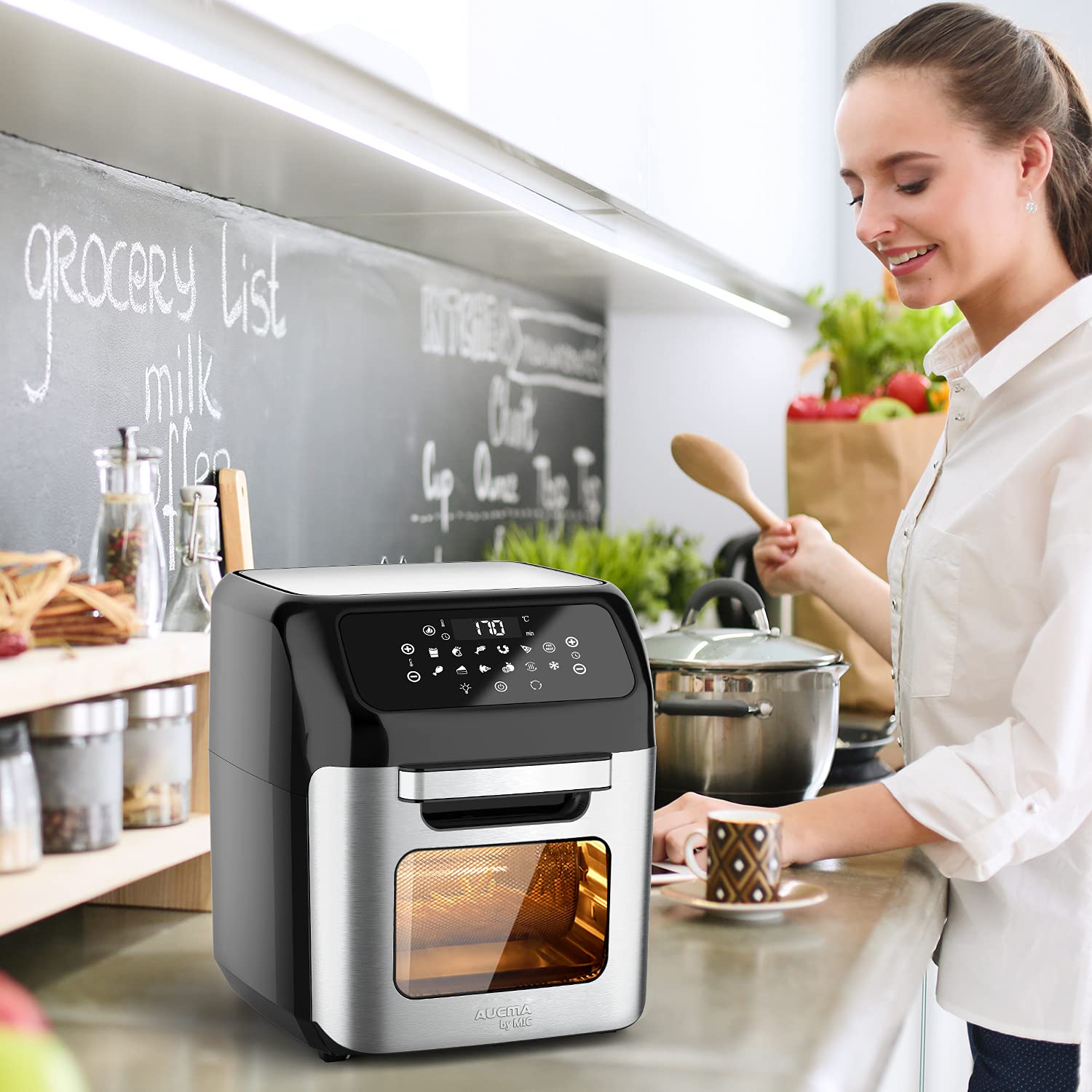 MIC Heißluftfritteuse 12L XXL Digitalem LED-Touchscreen Air fryer 1800W, 12 Programme Heißluftbackofen Friteuse Ohne ÖL Heissluftfritteuse Backofen Dehydrator Barbecue mit 7 Zubehör Rezeptbuch