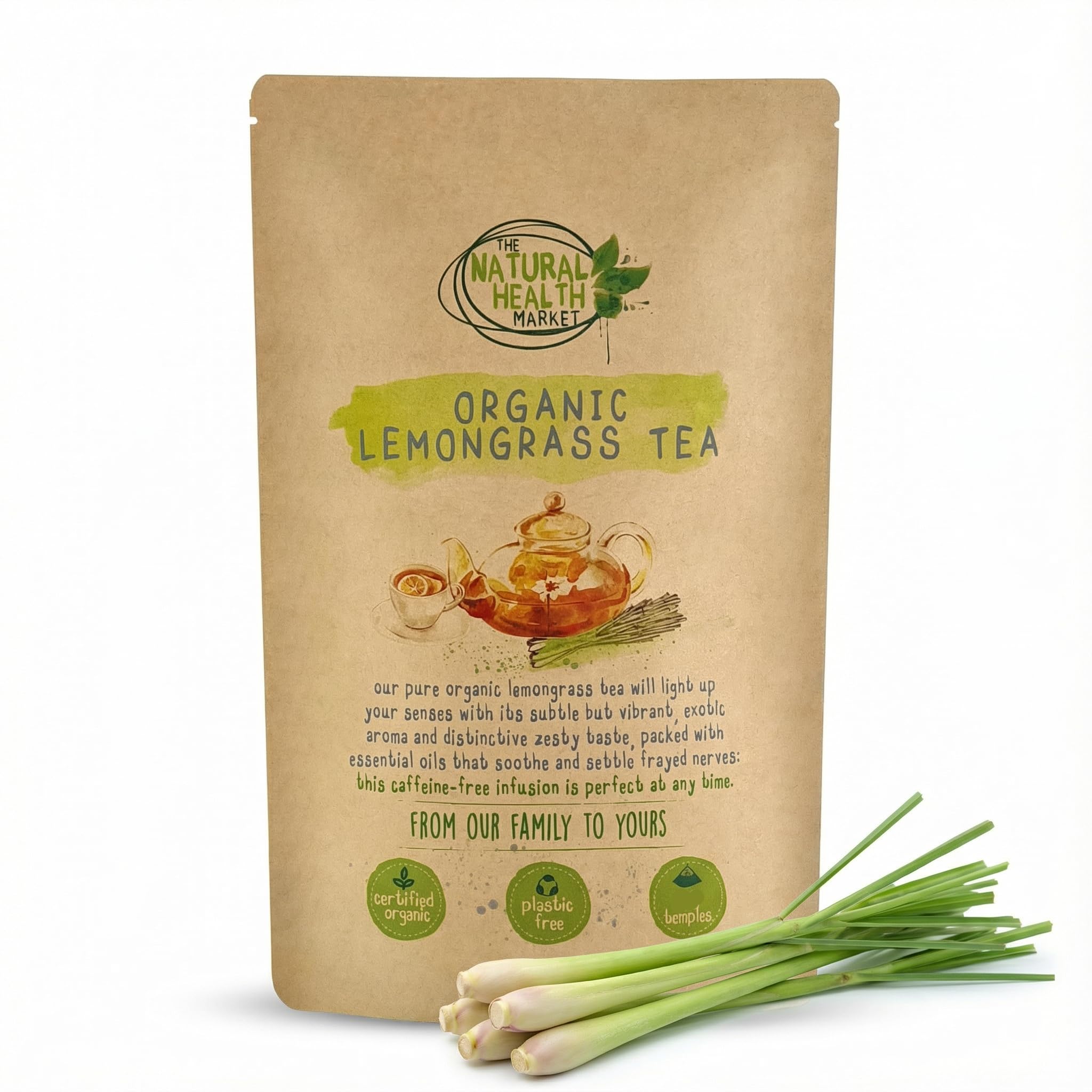 Organic Lemongrass Tea Bags – Pure Egyptian Lemongrass Herbal Tea, Caffeine‑Free and Single‑Ingredient – Biodegradable Packaging – The Natural Health Market – 50 Tea Bags