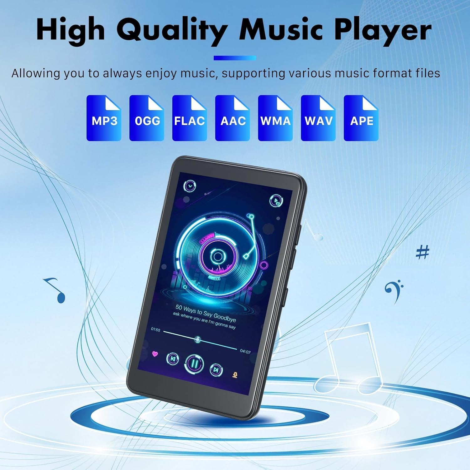 KeenPlus MP3 player displaying a music playback screen with various supported audio formats listed above it.