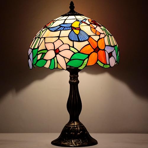 Miniatura 6 de WERFACTORY Tiffany Lámpara de vitral, estilo colibrí, lámpara de mesita de noche, lámpara de lectura de escritorio, 12 x 12 x 18 pulgadas,