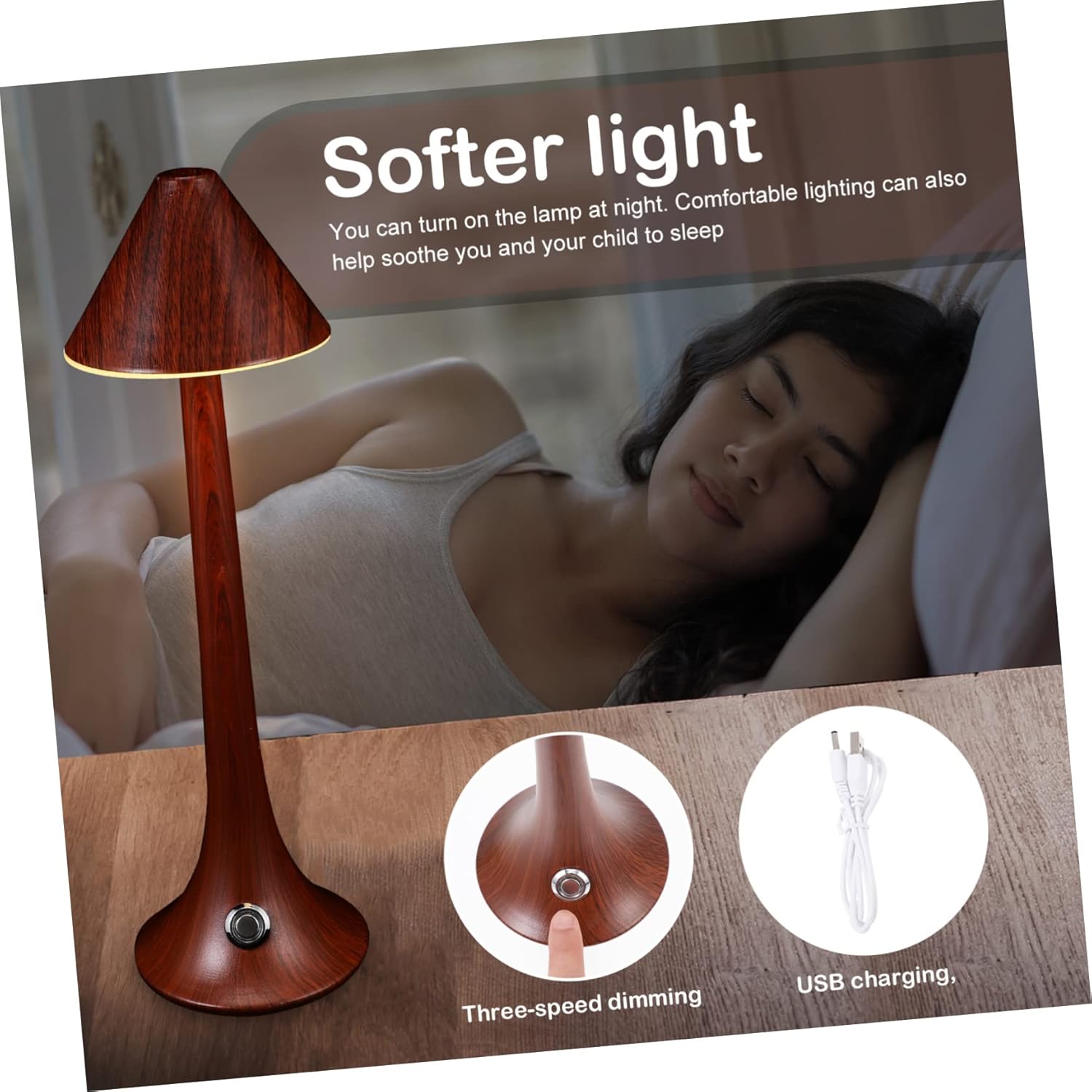 USB Charging Bedside Lamps Led Reading Lights for Bedroom Table Lamp Wood Grain Eye Care