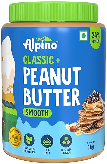 ALPINO Classic Peanut Butter Smooth 1kg - Roasted Peanuts, Brown Sugar & Sea Salt - 24g Protein, non-GMO, Gluten Free, Vegan  Plant Based Peanut Butter Creamy