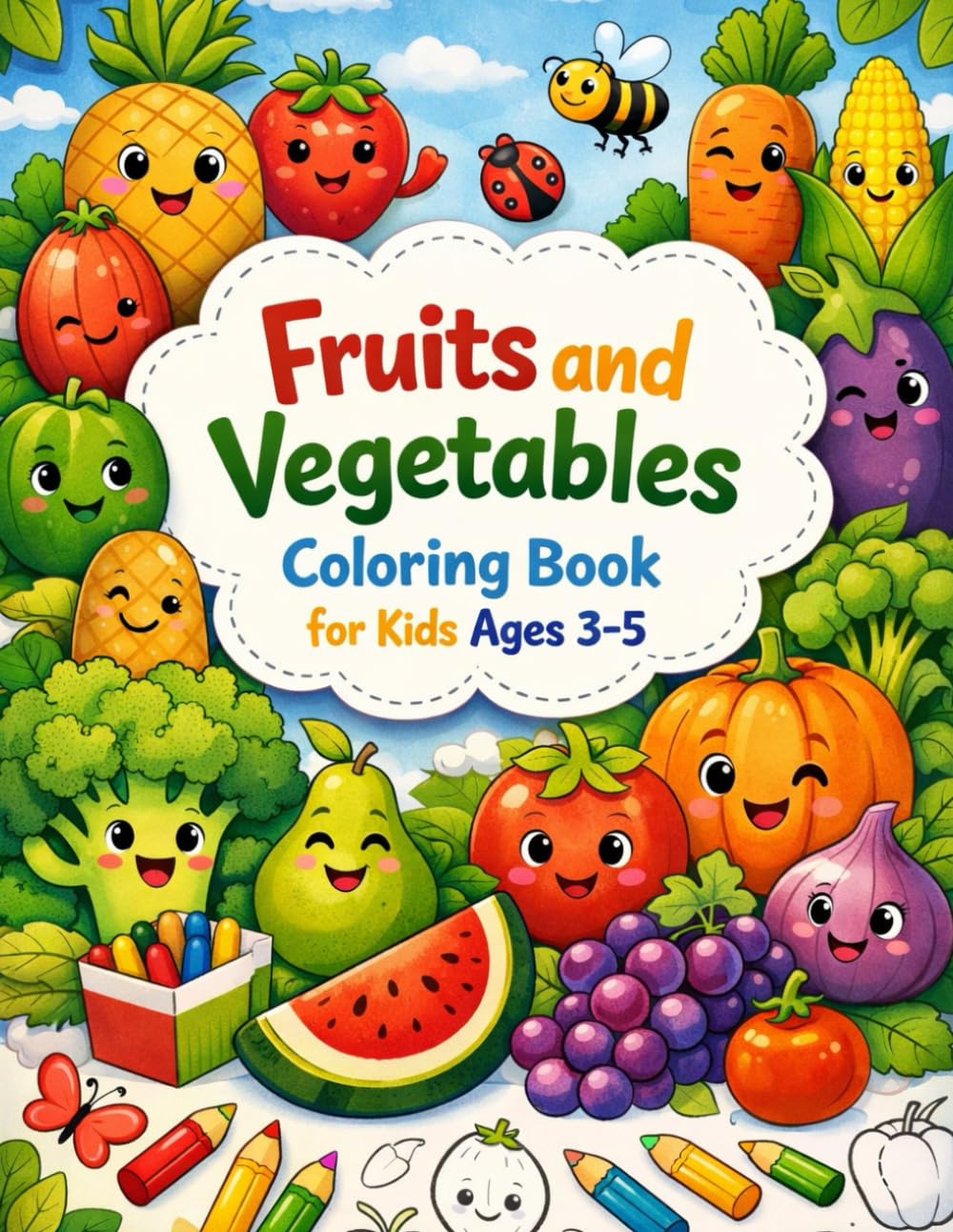 Fruits and Vegetables Coloring Book for Kids Ages 3–5: Big Simple Pictures for Toddlers and Preschoolers