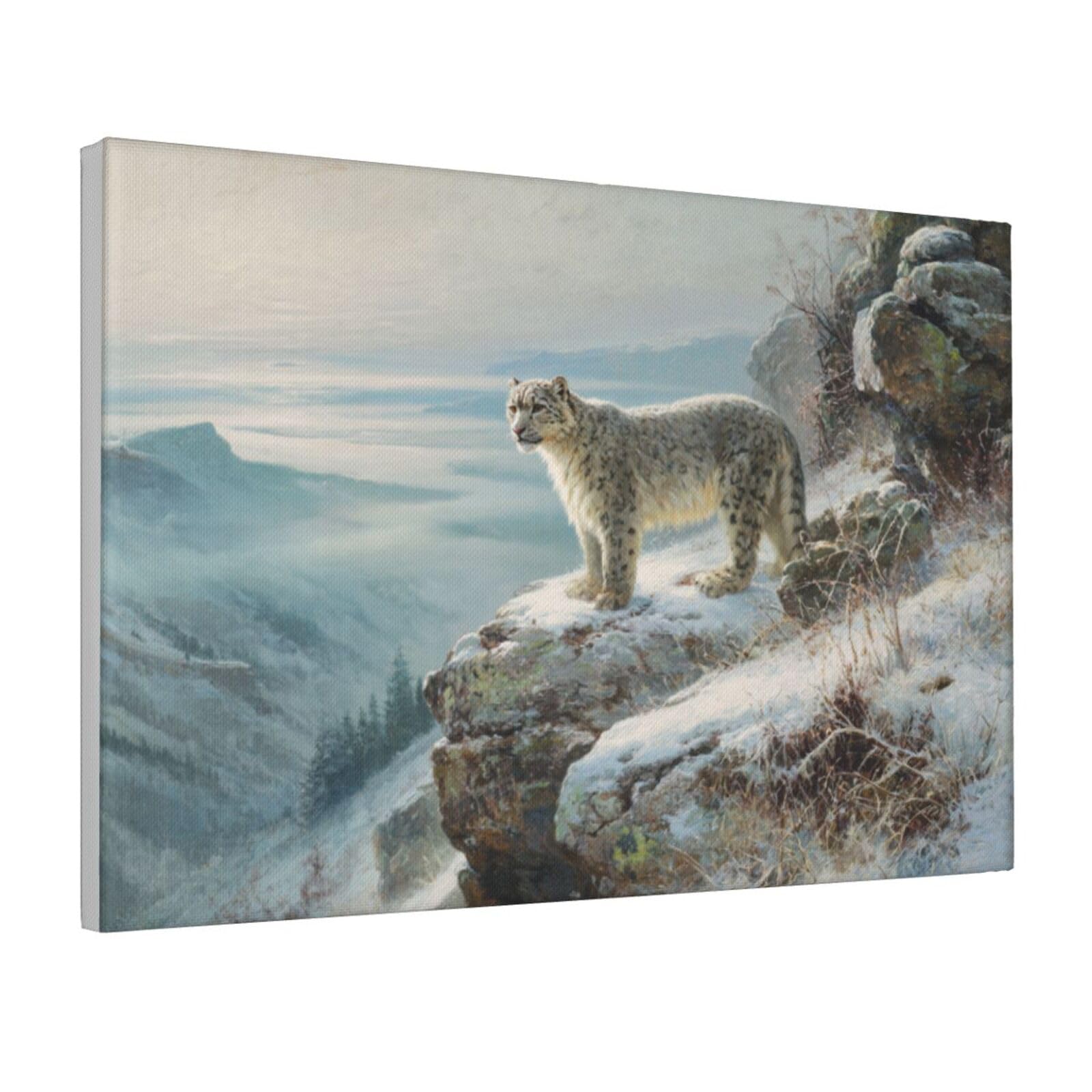 Woshuwo White Snow Leopard On A Mountain Ledge Canvas Wall Art Aesthetic Poster Print Painting For Dorm Living Room,30X45cm Framed