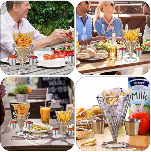 Miniatura 7 de DOITOOL Cono de soporte de metal para papas fritas, 3 cestas de alambre para servir papas fritas con 2 salsas para aperitivos y exhibición de pollo