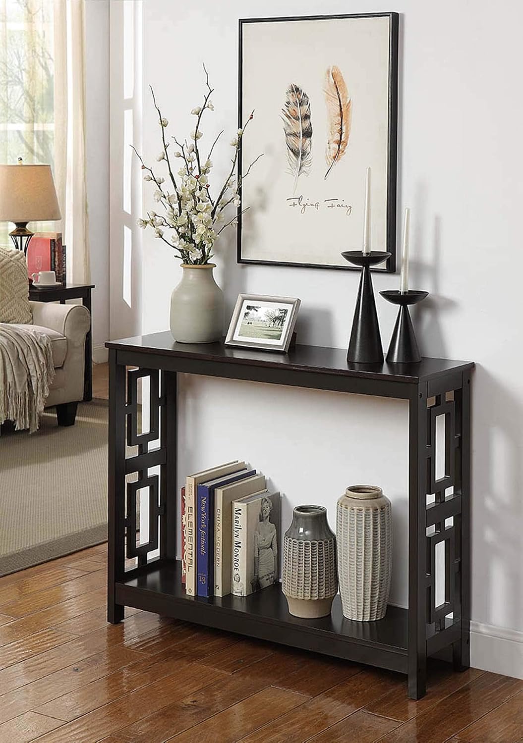 Pemberly Row Contemporary Console Table, 39.5 in W x 12 in D x 31.75 in H, MDF Construction, Espresso Wood Finish, Two Tiers Shelving, Asian-Inspired Design for Living Room or Entryway Decor
