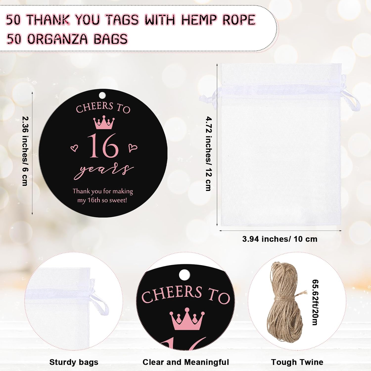 Dandat 50 Sets Sweet 16 Party Favors for Guests Include Cheers to 16 Years Old Bottle Opener Keychain and Organza Bags Sweet 16 Cards with Rope 16 Party Favors(Champagne Pink and Black) - Image 3