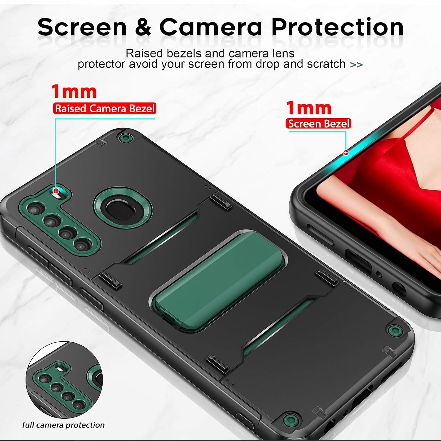 LeYi Compatible for Samsung Galaxy A21 Case with [2 Pack] Tempered Glass Screen Protector, Military-Grade Protective Phone Cover Cases with Full Lens Protection Kickstand for Samsung A21 Case, Green