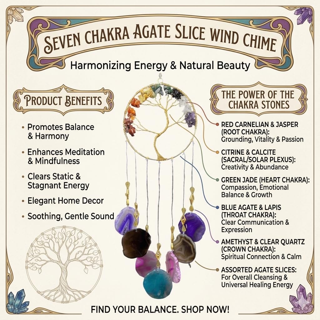 Seven Chakra Agate Wind Chime with Tree of Life, Natural Healing Stones, Meditation and Home Decor-image-46