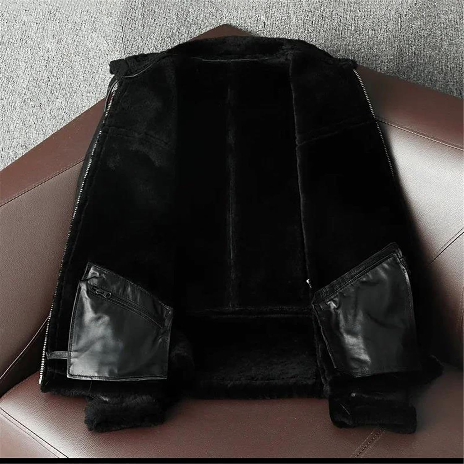 Men's Genuine Sheepskin Jacket Thick Faux Fur Lined Winter Coat Leather Outerwear Luxury Classic Warm Style