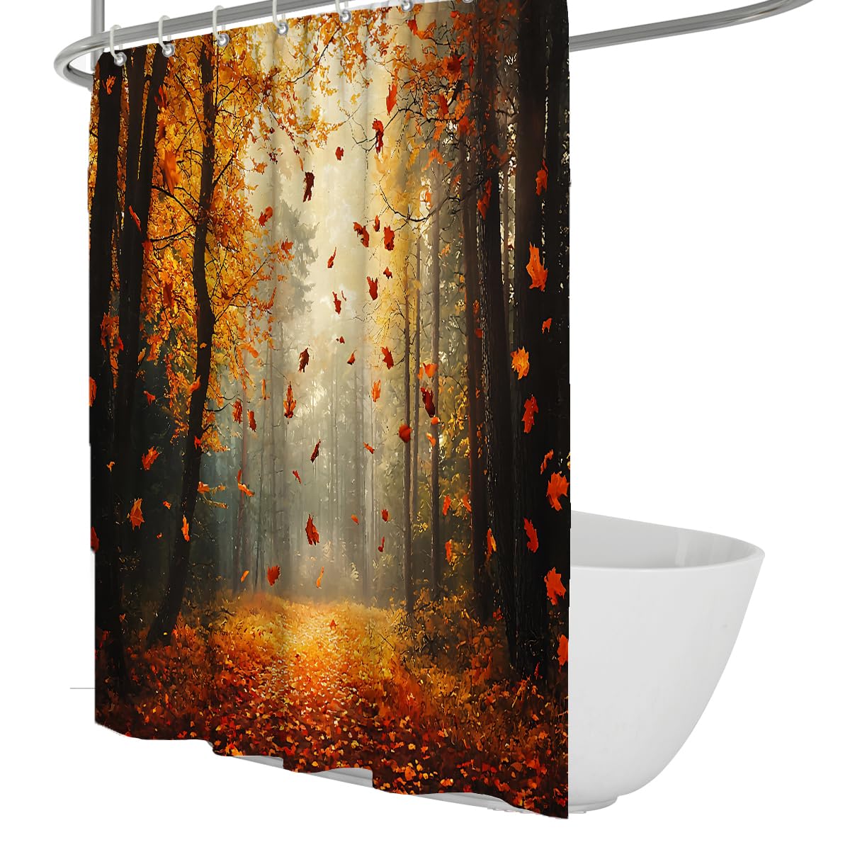 Herbstwaldpfad Duschvorhang Goldene Blätter fallender Badevorhang wasserdichte Polyester-Badewannenvorhänge zur Badezimmerdekoration 180 x 200 cm