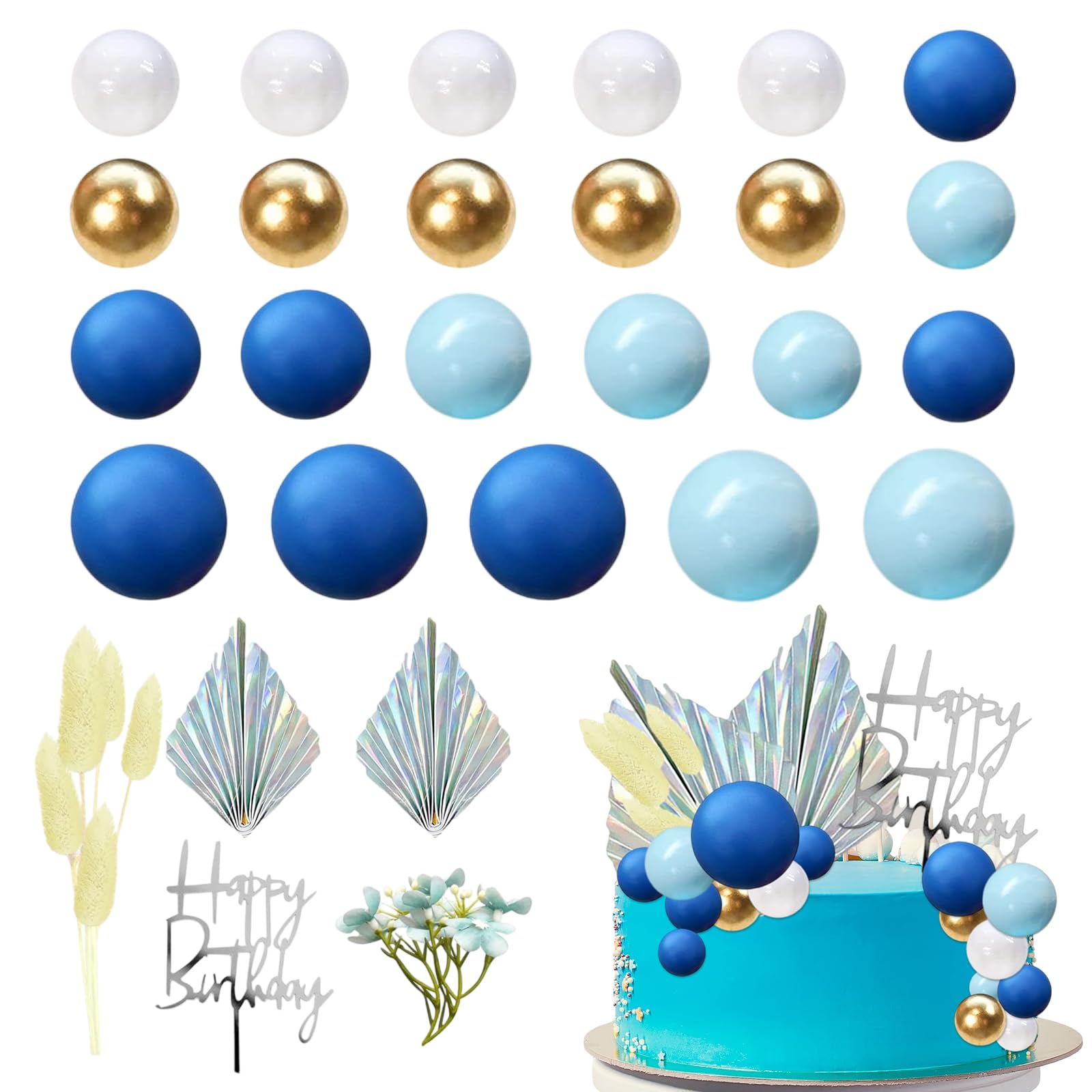 Blue Gold Cake Balls Decoration, Cake Balloons, Ball Cake Toppers with Flowers and Palm Fan, Boho Palm Leaves Cupcake Toppers for Wedding Party Anniversary(Blue Gold, 32Pcs)